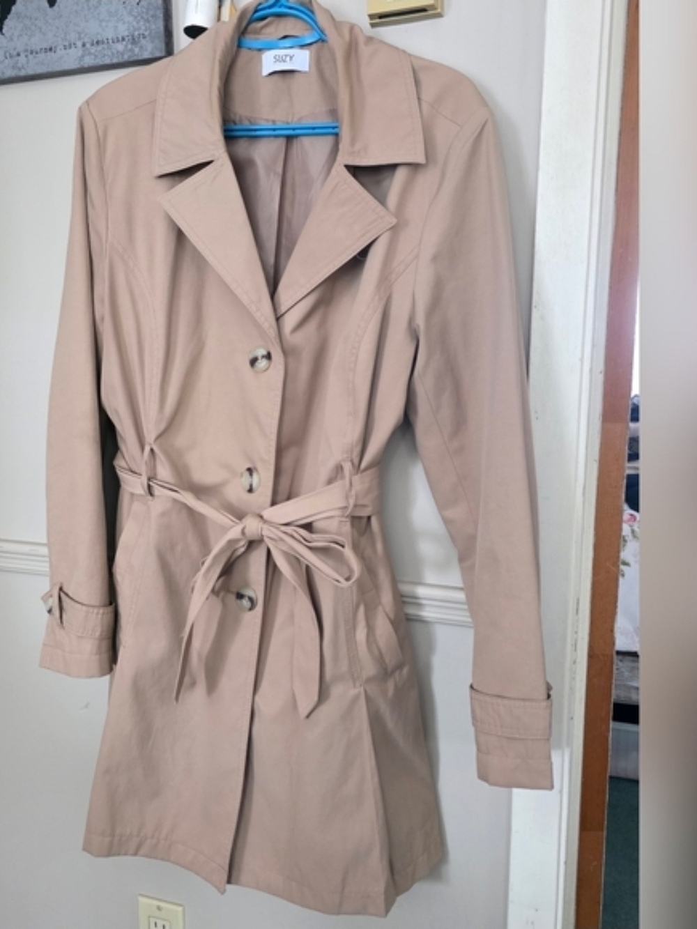 Suzy Shier Light Beige Tie-Waist Trench Coat